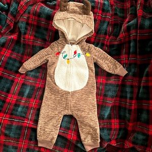 Carter's Reindeer Fleece Hooded zip up Romper Brown  Sz 6m  Brown